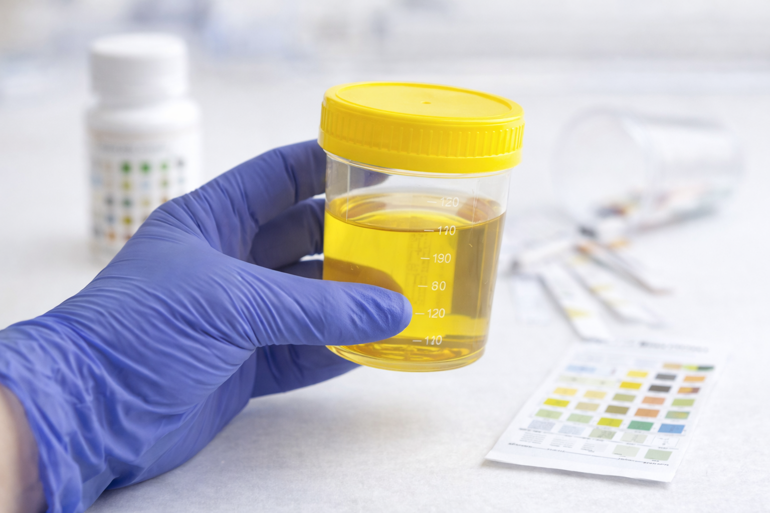 Gloved hand holding a labeled urine specimen container in a lab setting